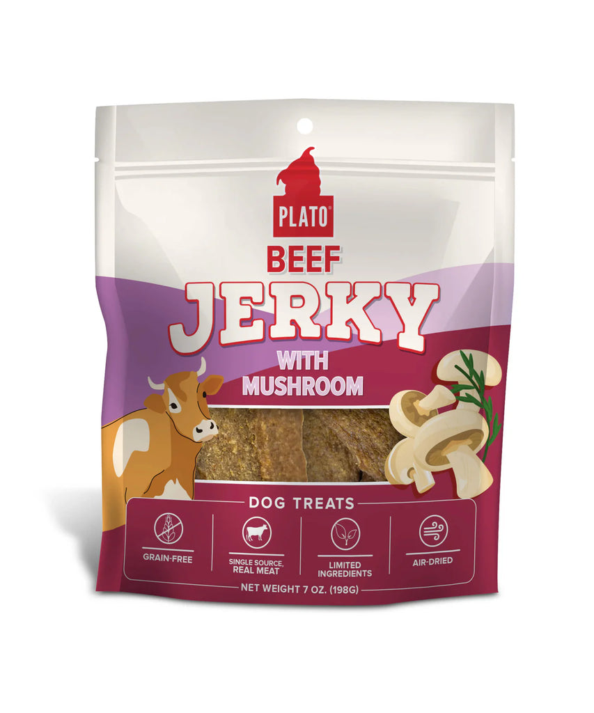 PLATO - Jerky boeuf & champignon. Bêtes Gourmandes, boutique spécialisée alimentation, éducation et sports pour chiens à Québec.