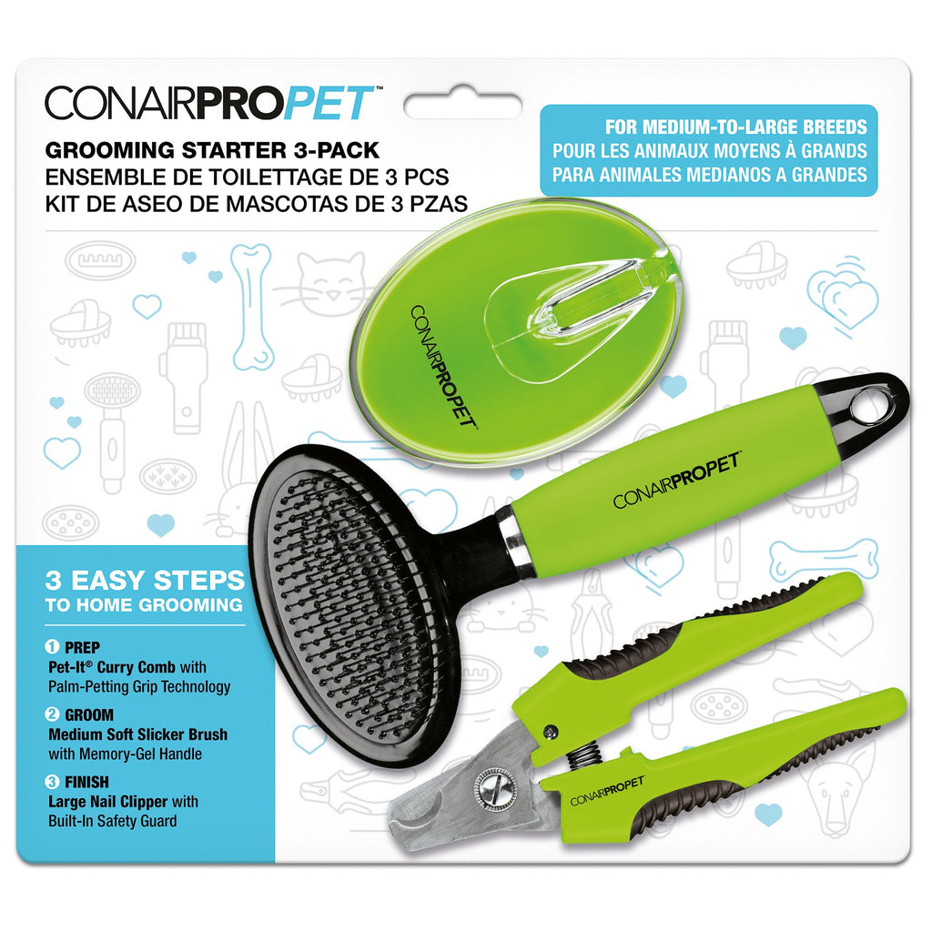 CONAIR, ensemble de départ pour le toilettage comprends 3 outils : un peigne, une brosse et un coupe-griffes. Bêtes Gourmandes, boutique spécialisée en alimentation, éducation et sports attelés à Québec.