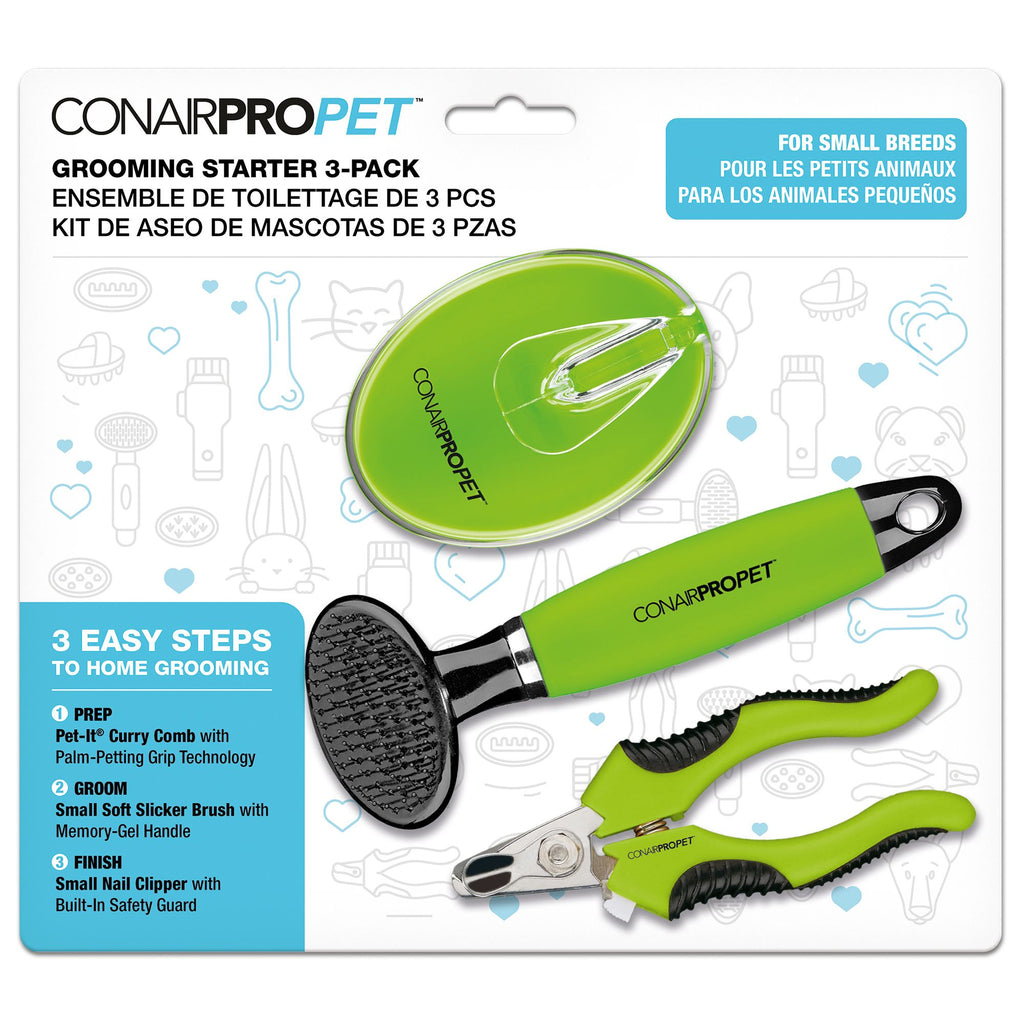 CONAIR, ensemble de départ pour le toilettage comprends 3 outils : un peigne, une brosse et un coupe-griffes. Bêtes Gourmandes, boutique spécialisée en alimentation, éducation et sports attelés à Québec.