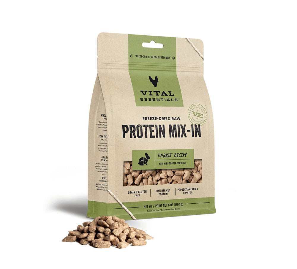 VE - Lapin lyophilisé MIX-IN 6oz. Bêtes Gourmandes, boutique spécialisée alimentation, éducation et sports pour chiens à Québec.