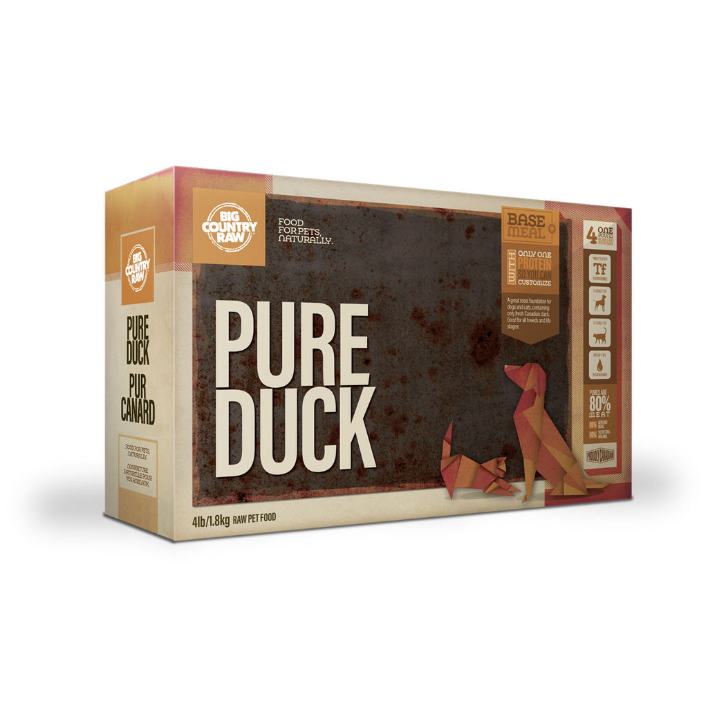 Big Country Raw Pure canard 4lbs. Bêtes Gourmandes, boutique spécialisée alimentation, éducation et sports pour chiens à Québec.