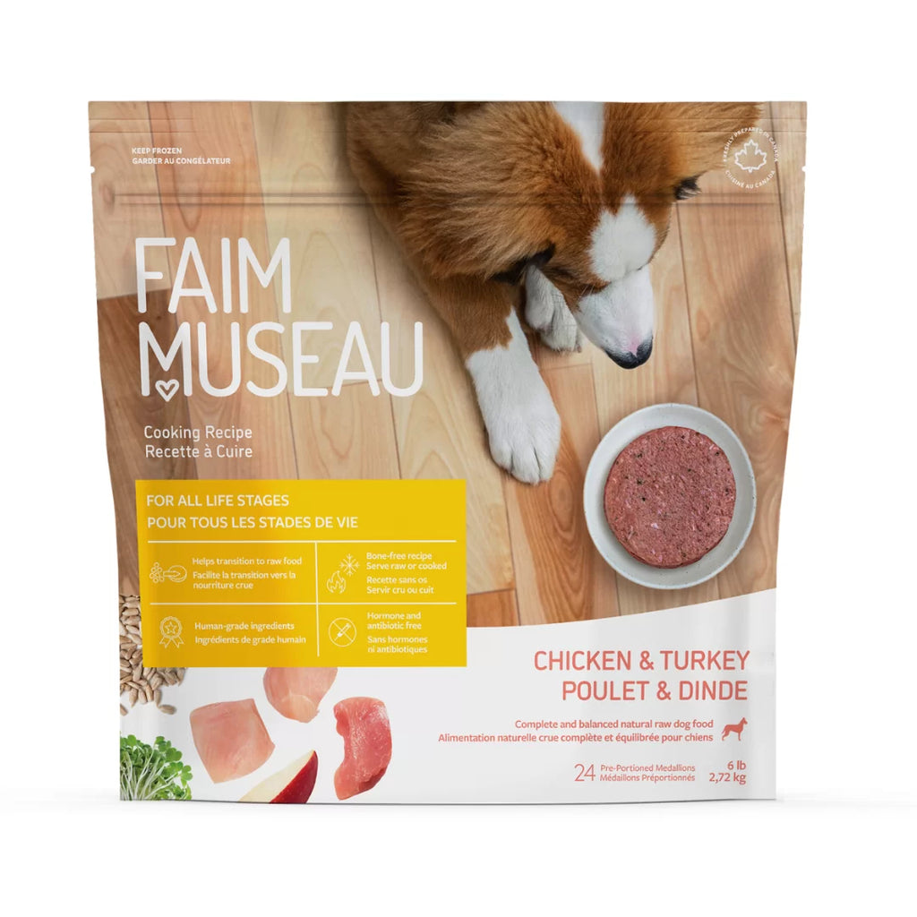 FAIM MUSEAU - Poulet & dinde chien (recette à cuire). Bêtes Gourmandes, boutique spécialisée en alimentation, éducation et sports attelés à Québec.